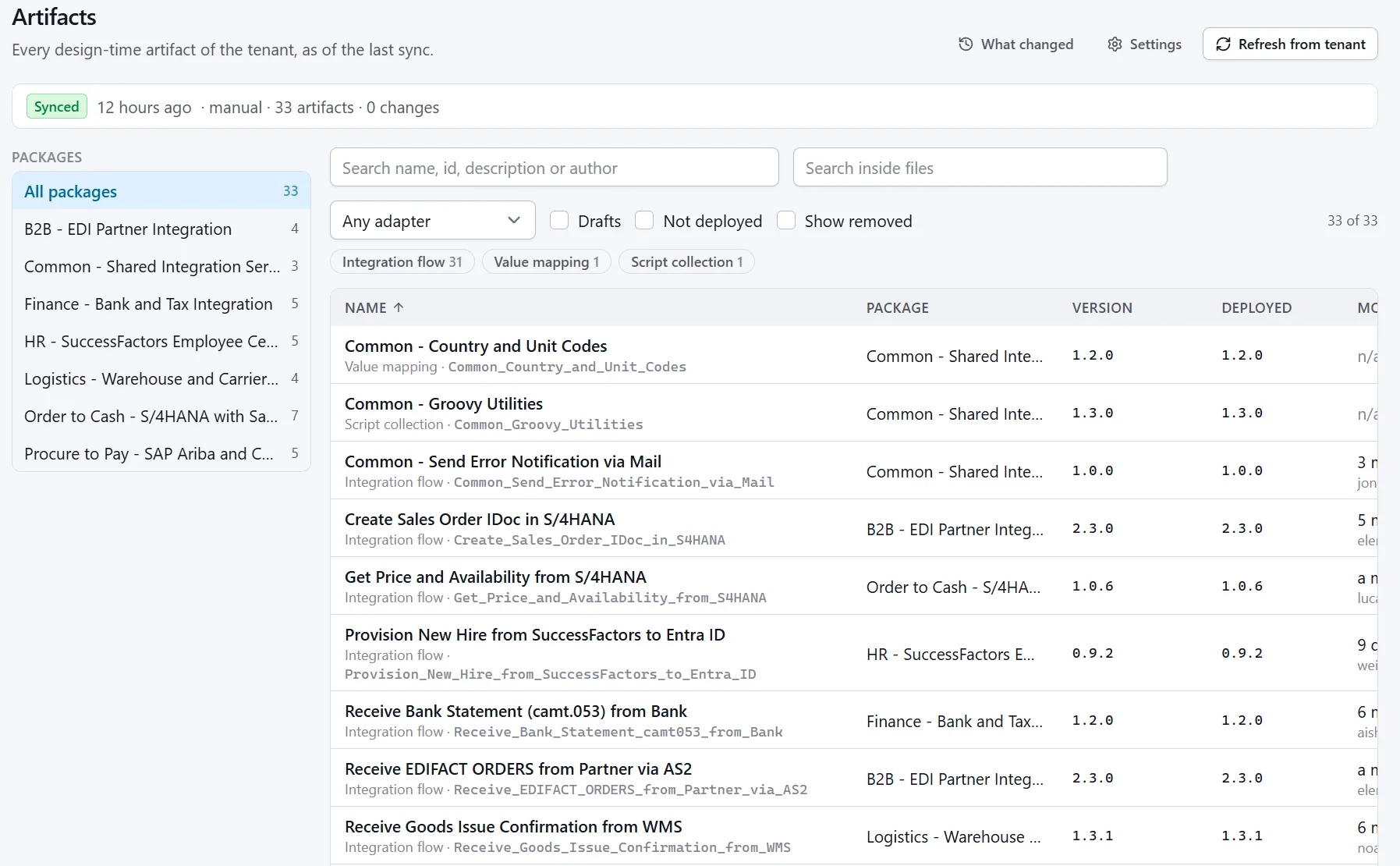 Artifacts tool: every design-time artifact of the tenant with package, version, deployed version and last change, with a search inside files