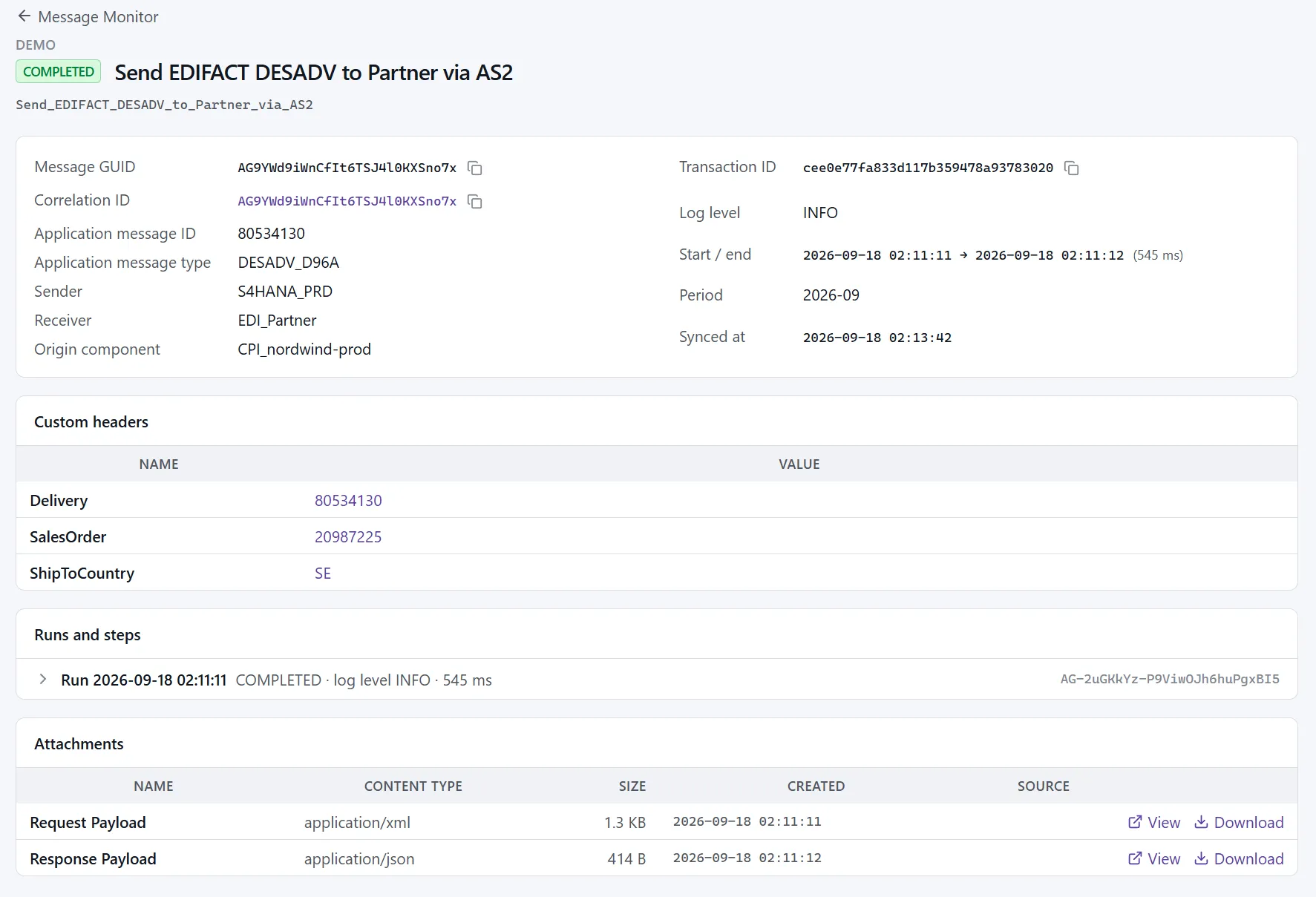 Log Extender message detail with custom headers, runs and attachments