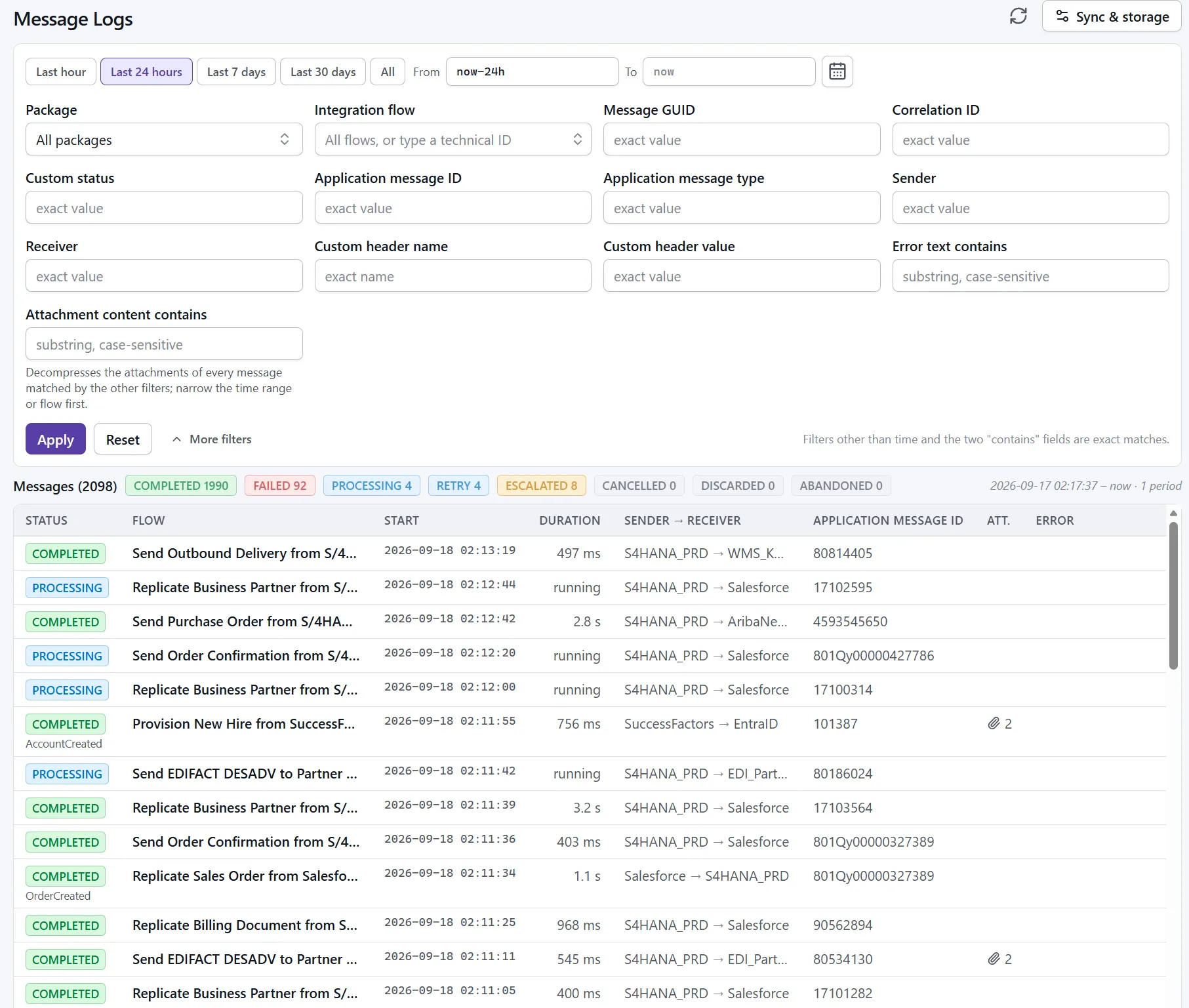 Log Extender message monitor: filter bar, status counts and a table of messages